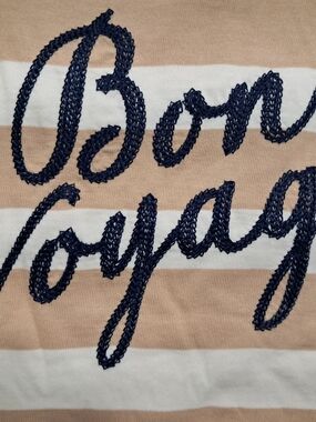 Talbots Boat Neck Beige & White Striped Top with Navy Embroidered Script XLP NWT